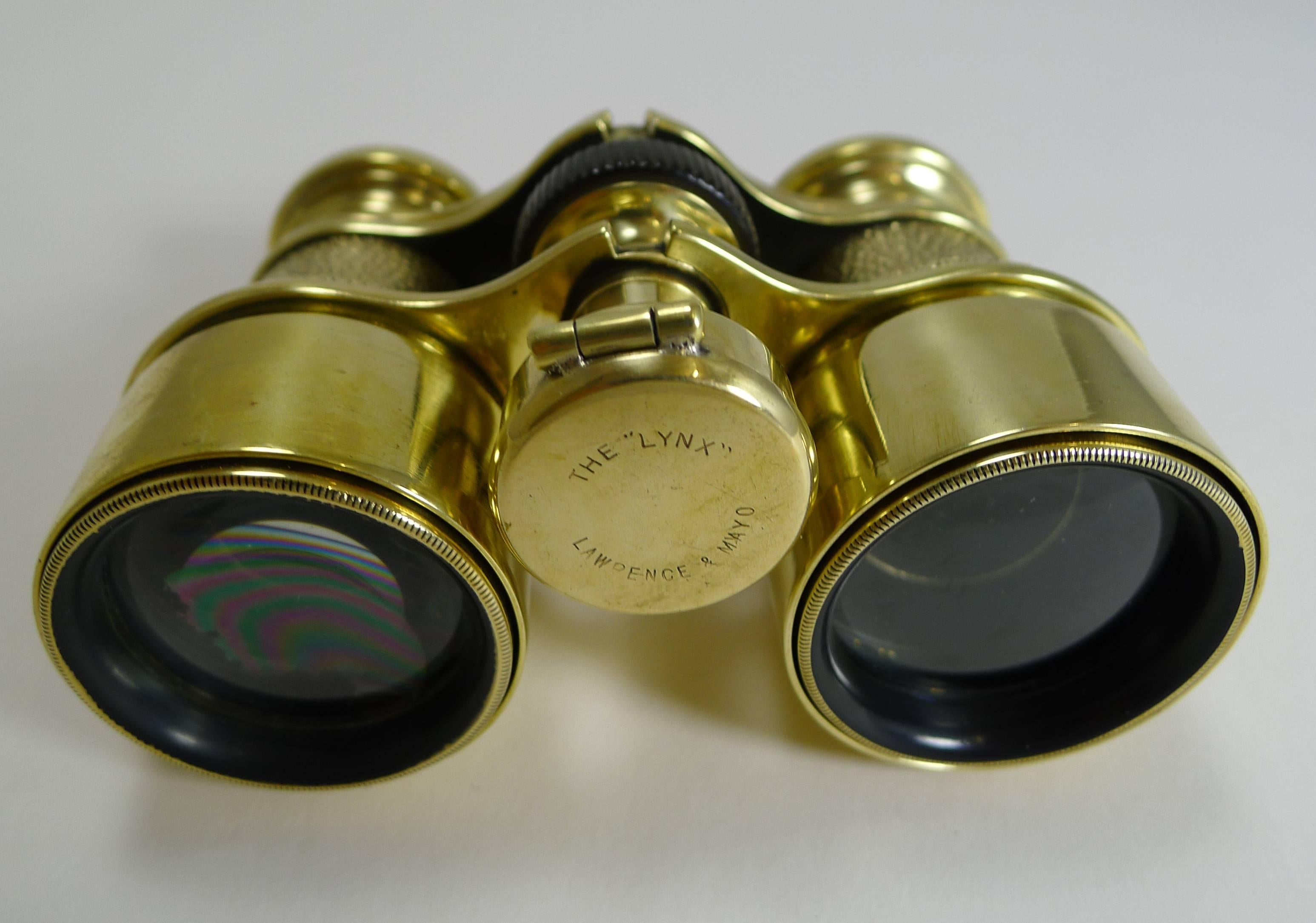 Brass Antique English Field Glasses or Binoculars by Lawrence and Mayo, with Compass