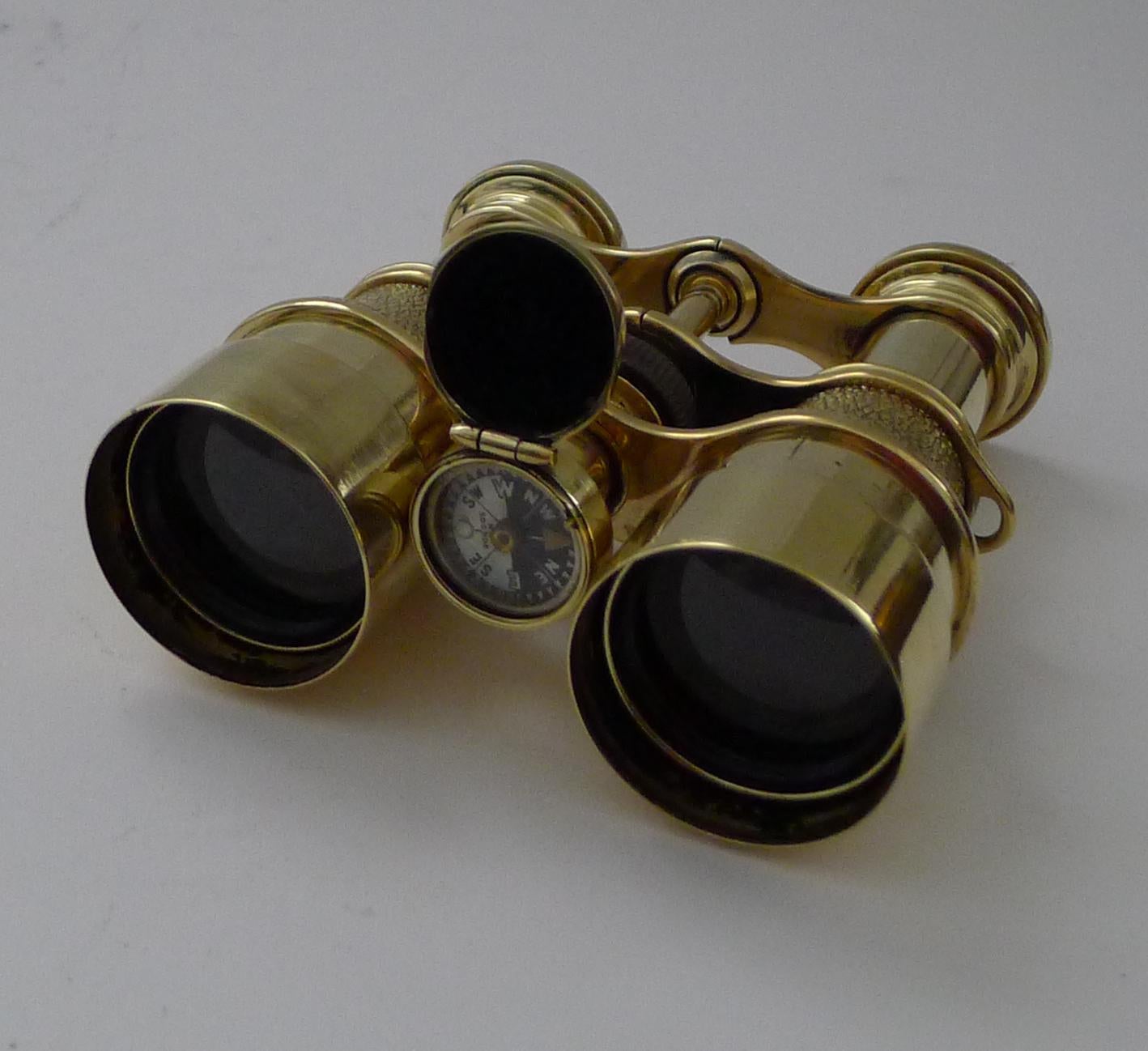Late Victorian Antique English Field Glasses / Binoculars by Lawrence and Mayo - With Compass For Sale