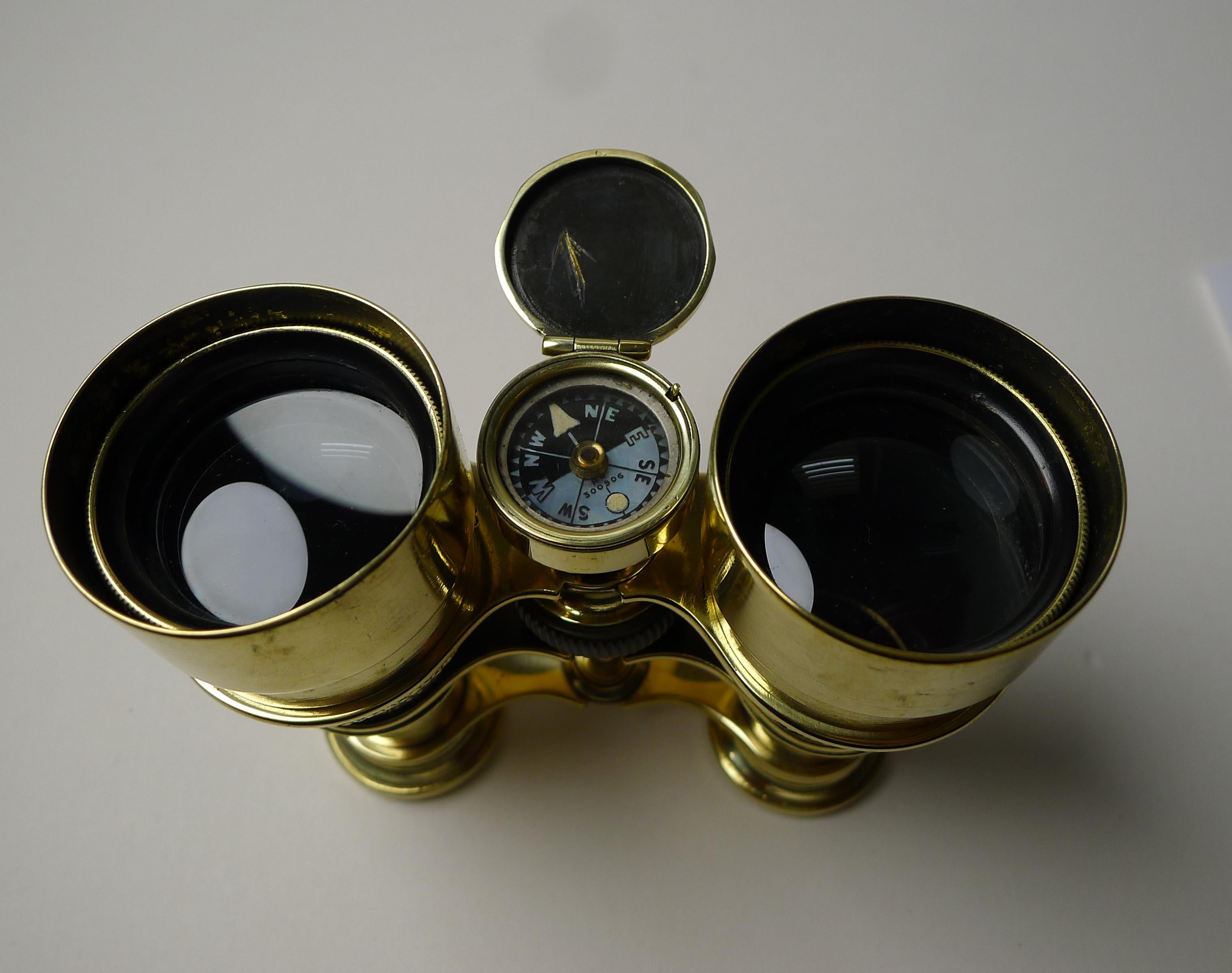 Edwardian Antique English Field Glasses / Binoculars by Lawrence and Mayo, with Compass