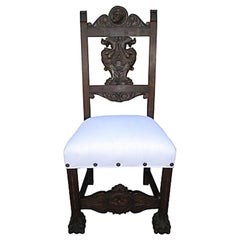 Antique English Figural Carved Chair / Walnut & White Linen