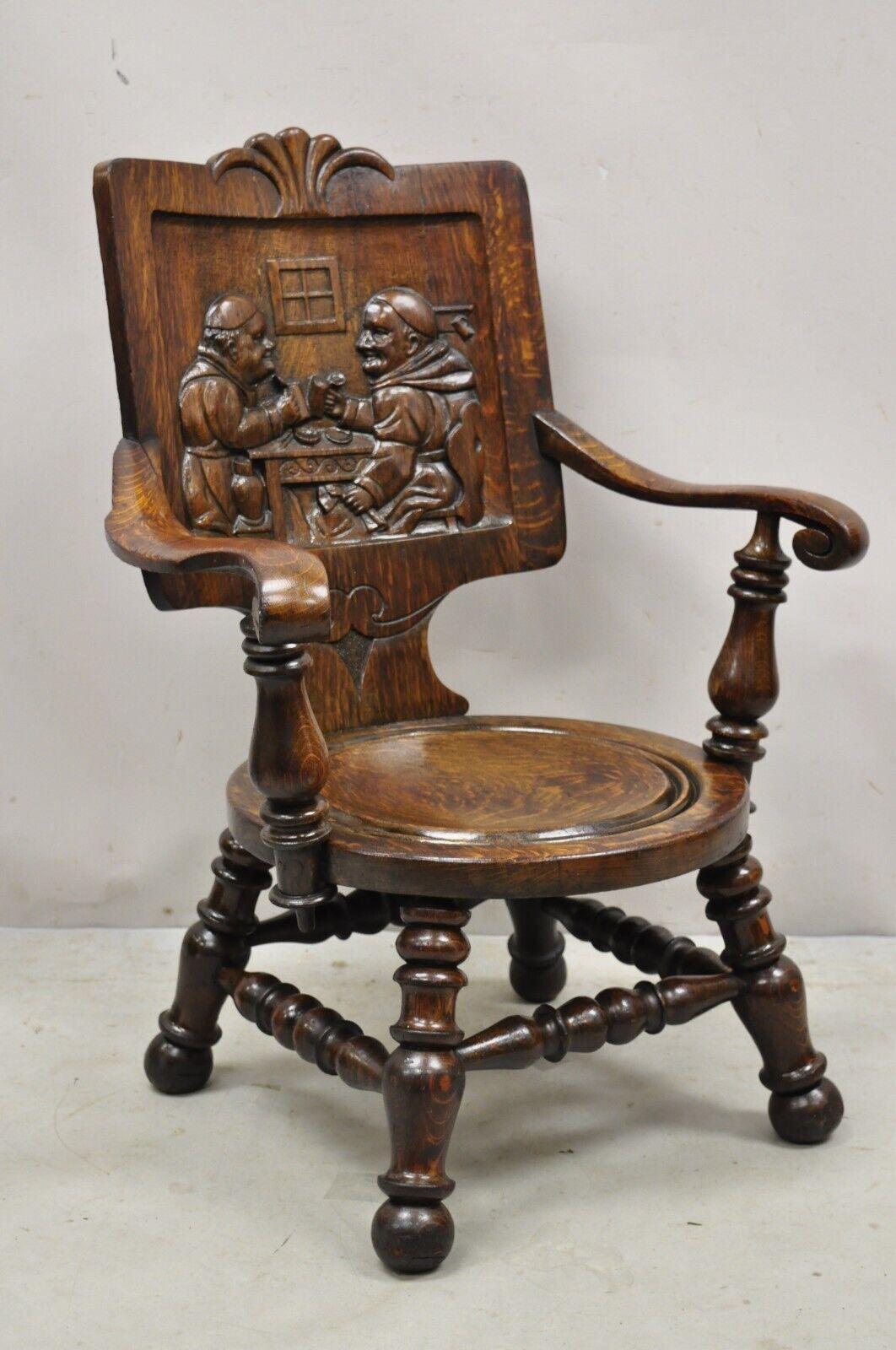 Antique English figural carved oak pub chair with monks in bar scene. Item features a scene of 2 monks drinking beer in the local pub, solid oak construction, beautiful wood grain, nicely carved details, very nice antique item. Originally was a