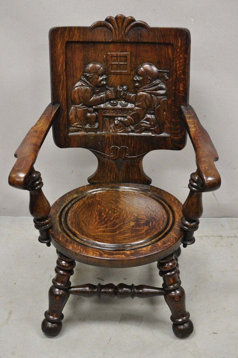 Antique English Figural Carved Oak Pub Chair with Monks in Bar Scene