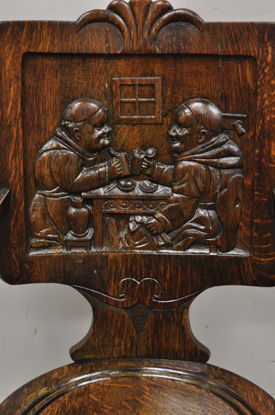 Antique English Figural Carved Oak Pub Chair with Monks in Bar Scene In Good Condition In Philadelphia, PA