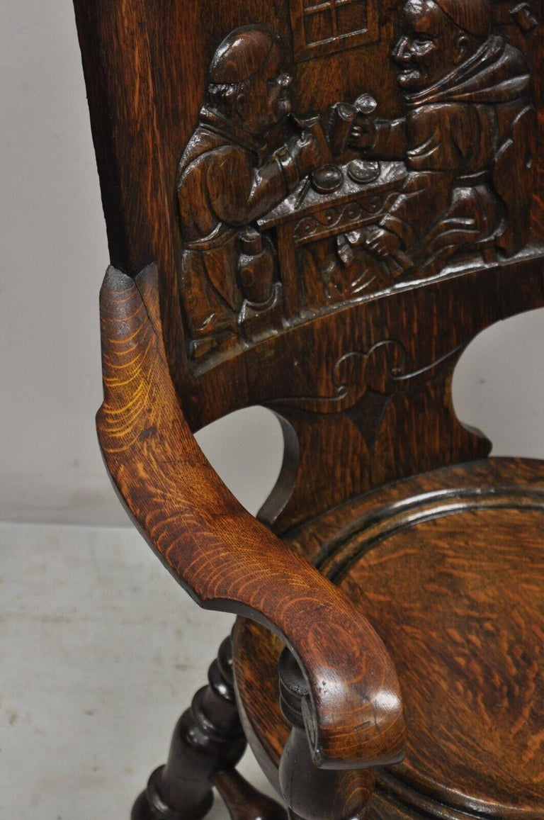 Antique English Figural Carved Oak Pub Chair with Monks in Bar Scene