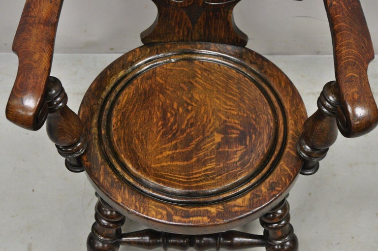 Antique English Figural Carved Oak Pub Chair with Monks in Bar Scene