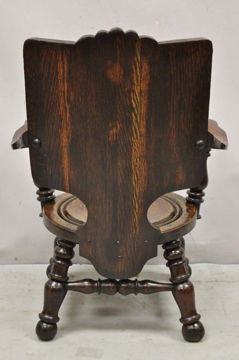 Antique English Figural Carved Oak Pub Chair with Monks in Bar Scene
