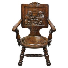 Antique English Figural Carved Oak Pub Chair with Monks in Bar Scene