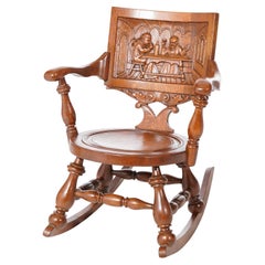 Antique English Figural Carved Oak Rocker with Pub Genre Scene, Circa 1910