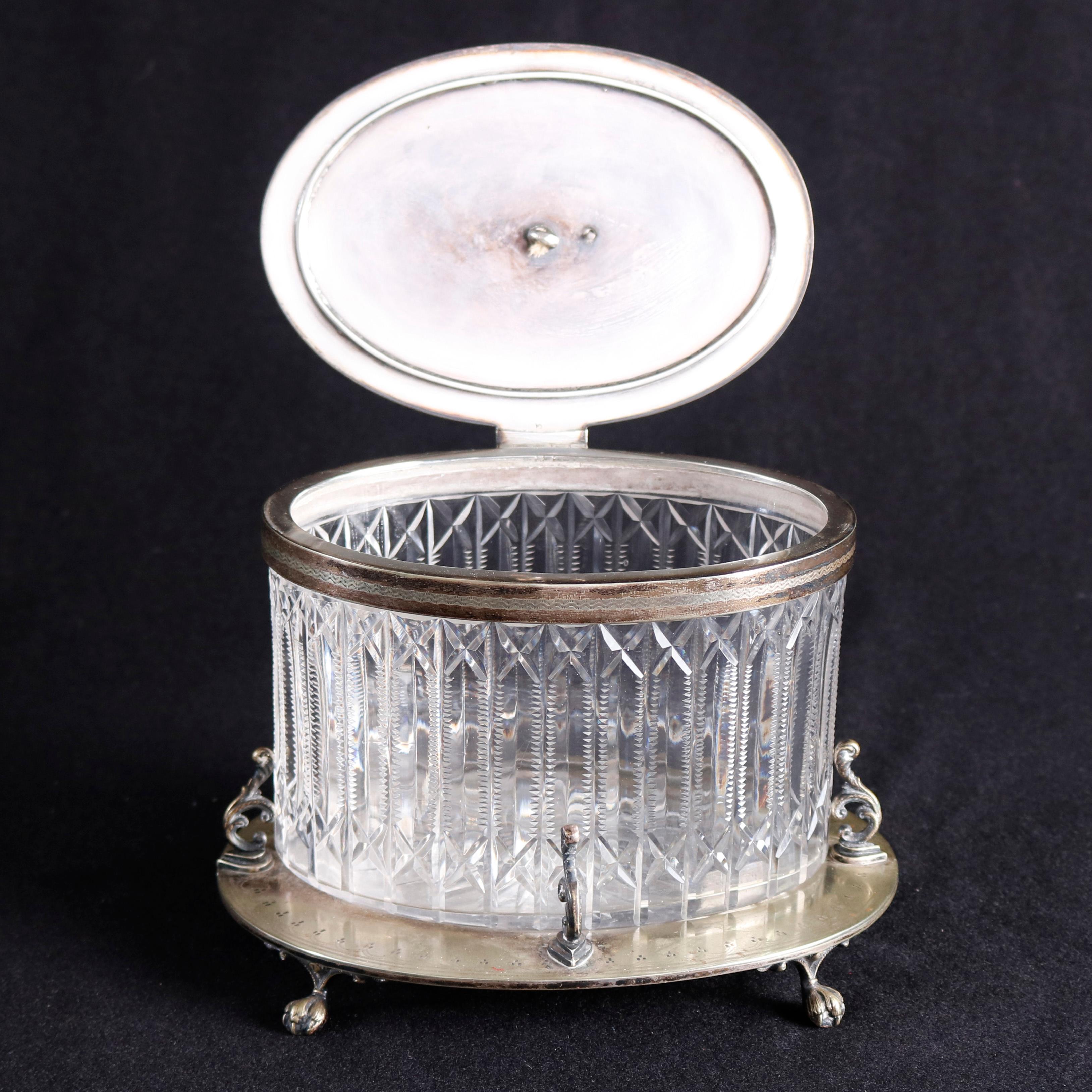 19th Century Antique English Figural Mappin & Webb Crystal and Silver Plate Biscuit Jar