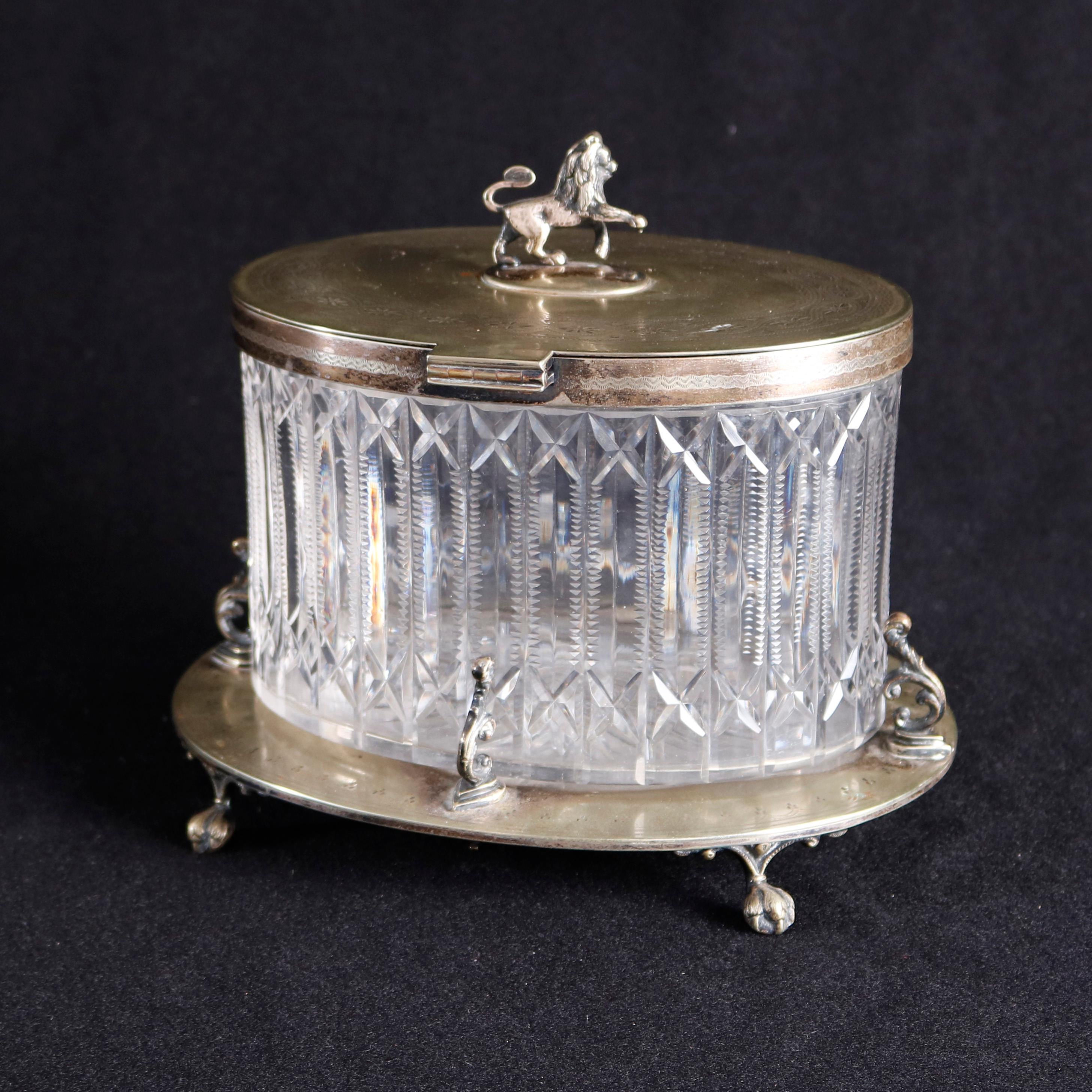 Antique English Figural Mappin & Webb Crystal and Silver Plate Biscuit Jar 1