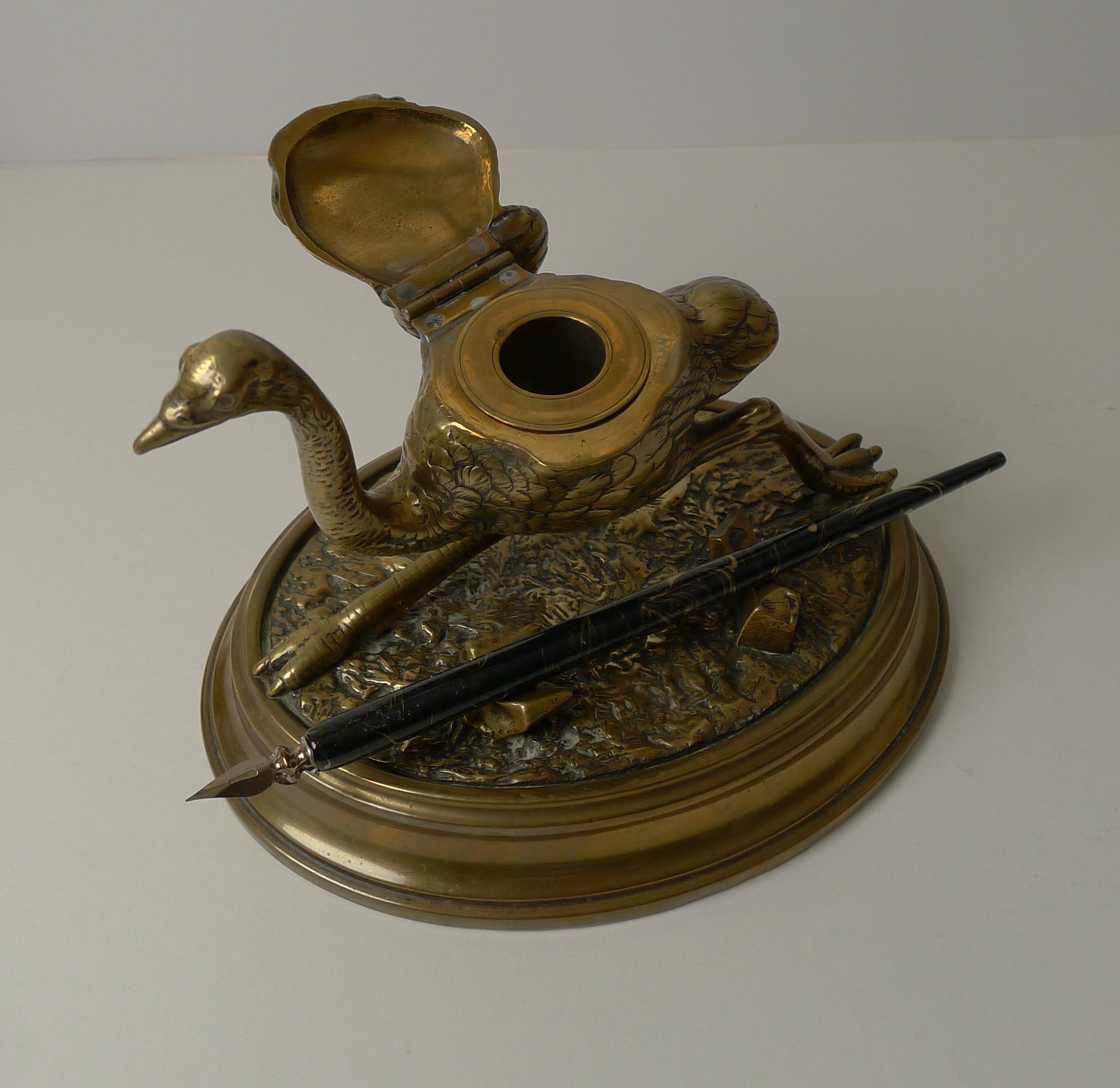 Brass Antique English Figural / Novelty Ostrich Inkwell C.1880 For Sale