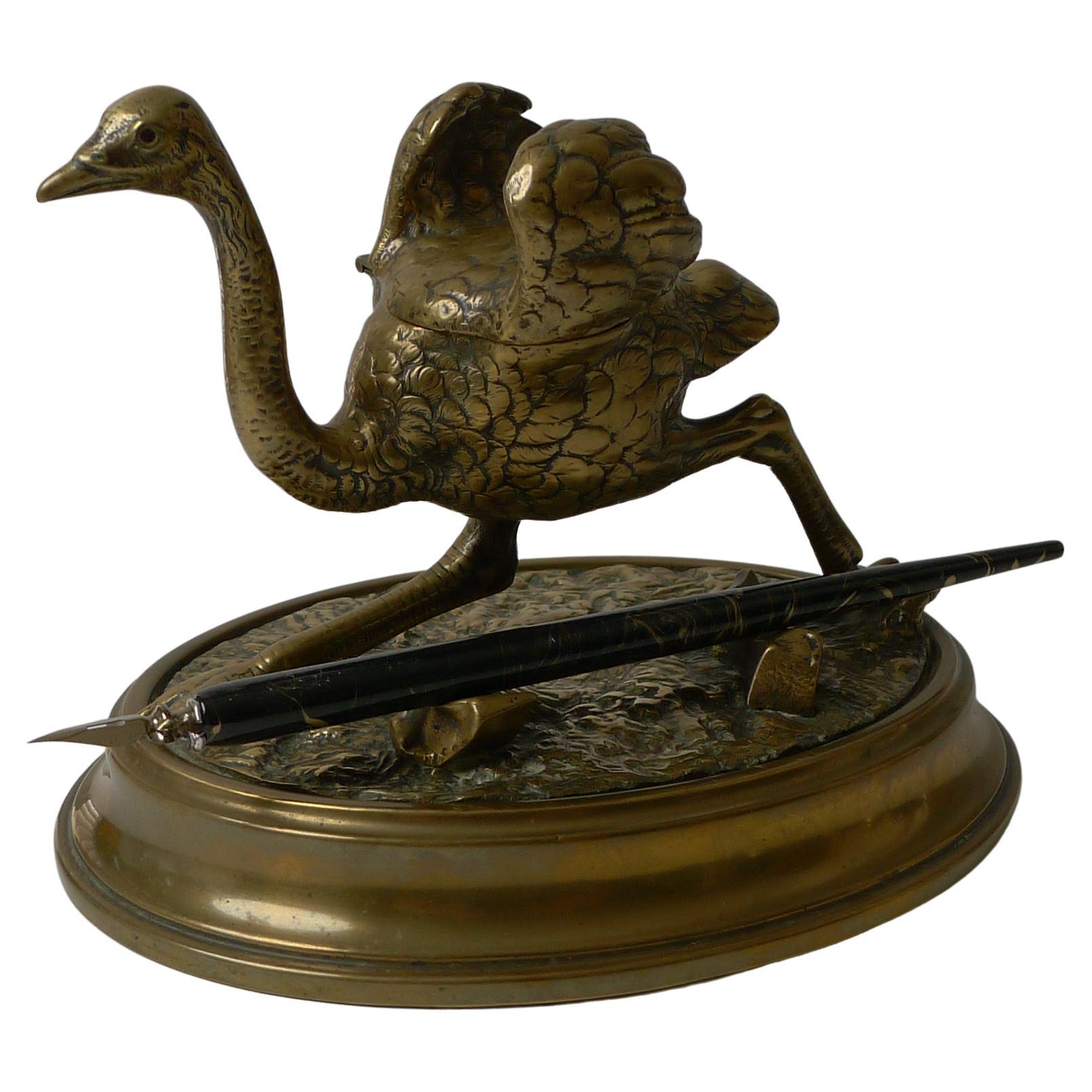 Antique English Figural / Novelty Ostrich Inkwell C.1880 For Sale
