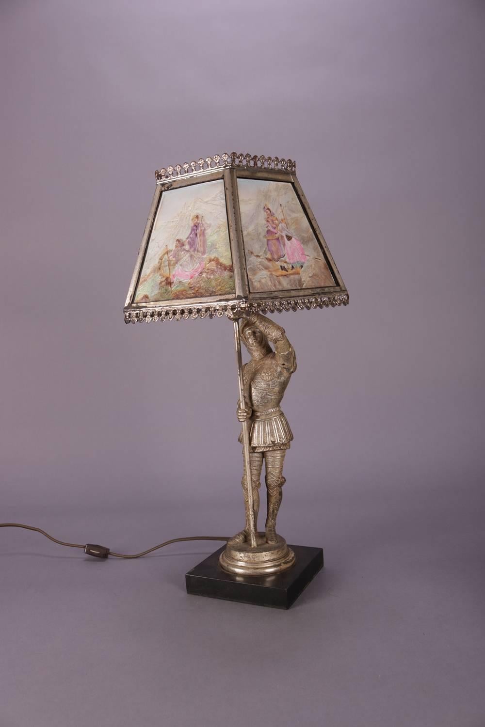 Antique English Figural Painted Lithophane Table Lamp, circa 1900 In Good Condition In Big Flats, NY