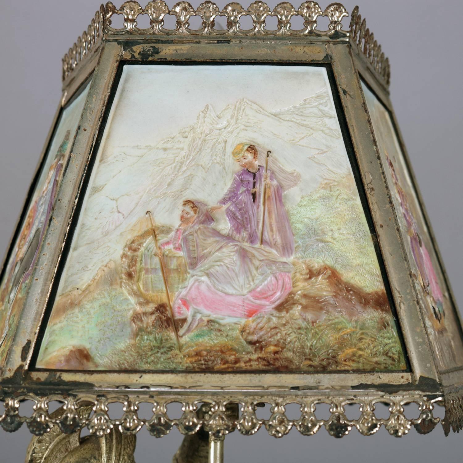 20th Century Antique English Figural Painted Lithophane Table Lamp, circa 1900