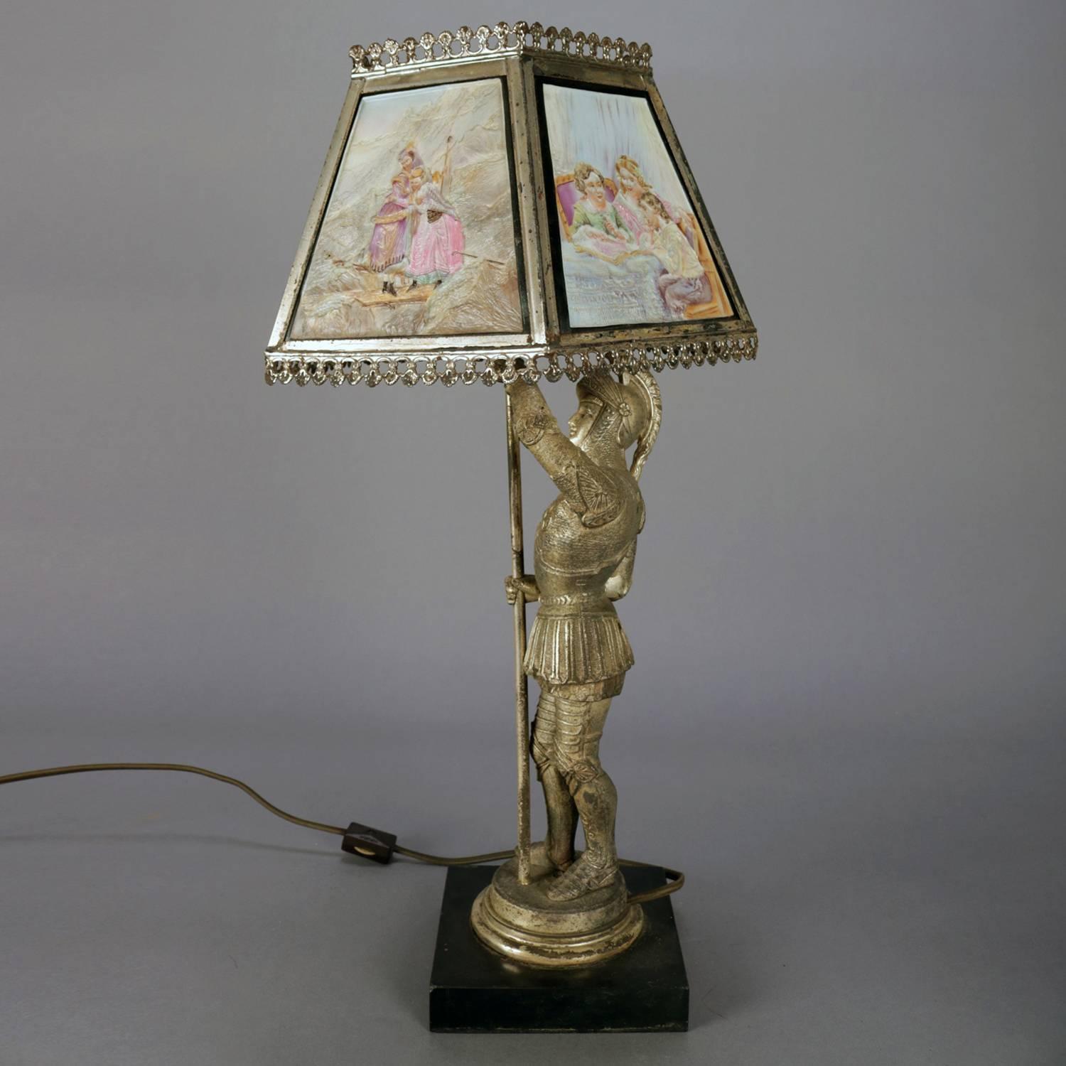 Metal Antique English Figural Painted Lithophane Table Lamp, circa 1900