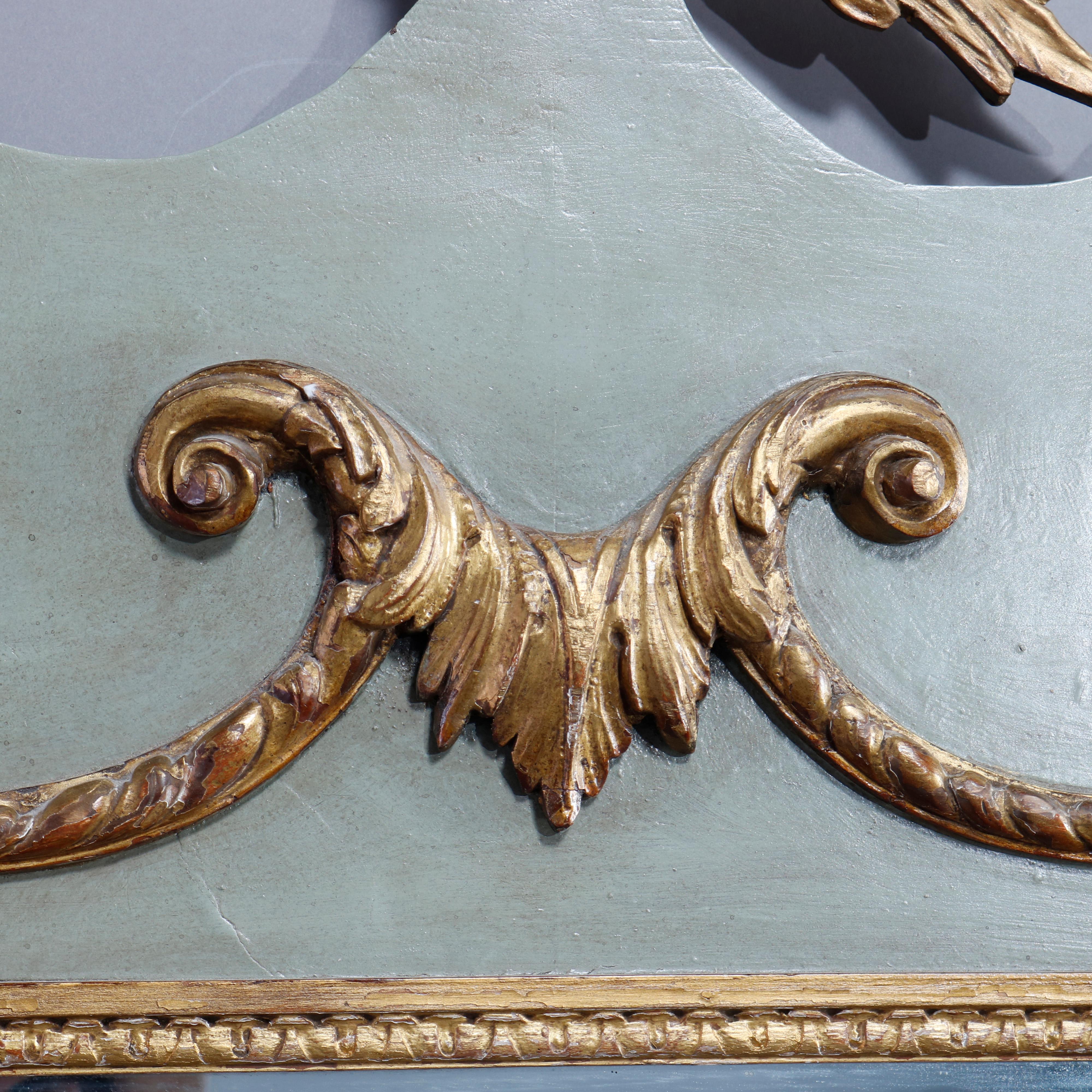 Carved Antique English Figural Parcel Gilt Painted Phoenix Wall Mirror, Circa 1850