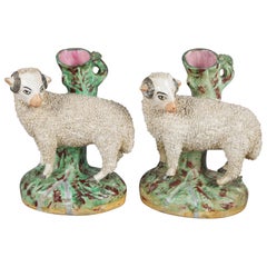 Antique English Figural Porcelain Staffordshire School Sheep Spill Vases
