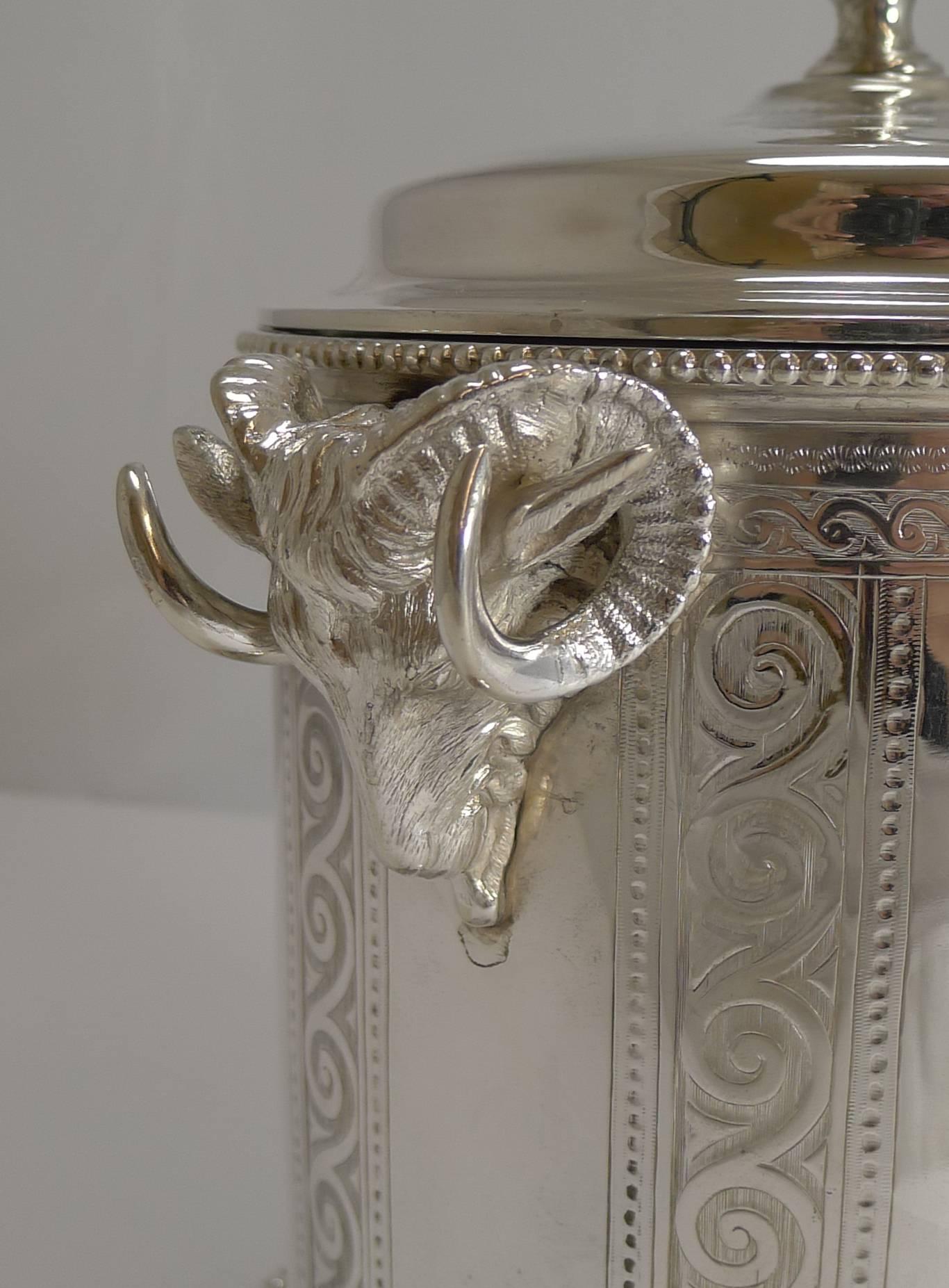 A wonderful and most unusual biscuit box (a perfect ice bucket too), made from English silver plate by William Briggs and Co. of Sheffield.

The body and hinged lid are intricately engraved and either side is mounted with a cast Ram's head handle,