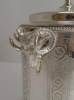 Antique English Figural Silver Plated Biscuit Box, Ram's Heads, circa 1880