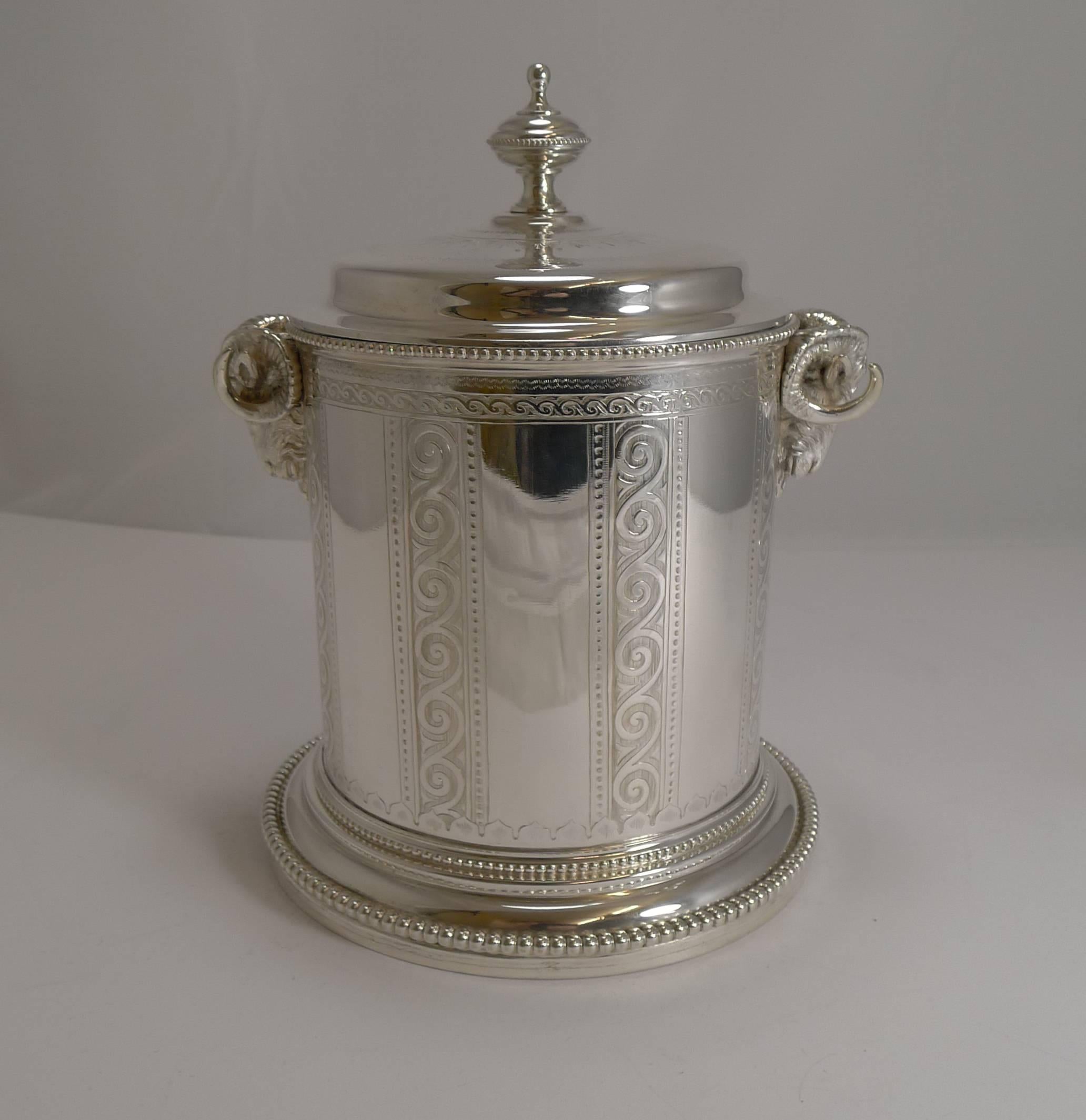 Victorian Antique English Figural Silver Plated Biscuit Box, Ram's Heads, circa 1880