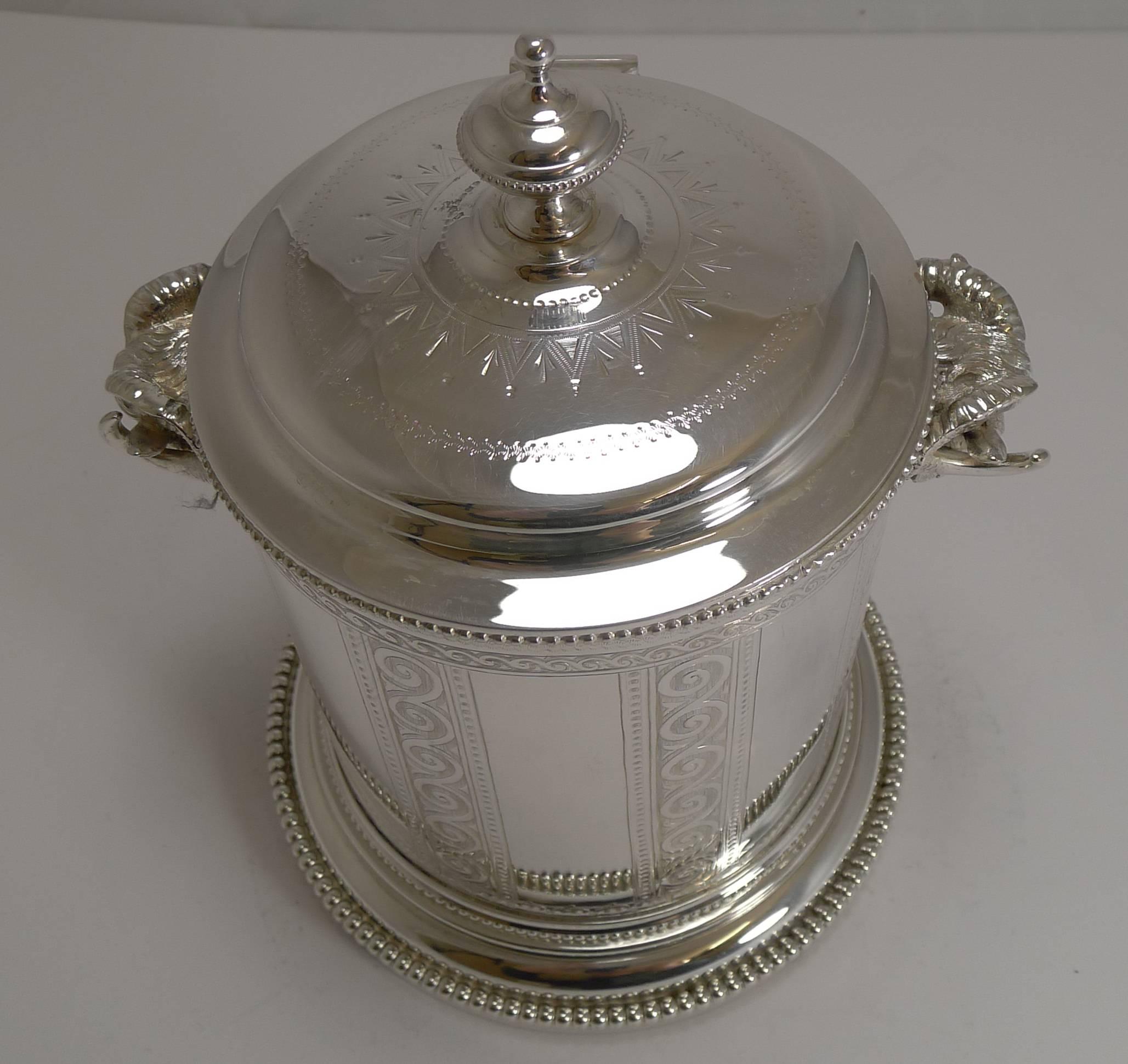 Antique English Figural Silver Plated Biscuit Box, Ram's Heads, circa 1880 In Excellent Condition In Bath, GB