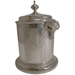 Antique English Figural Silver Plated Biscuit Box, Ram's Heads, circa 1880
