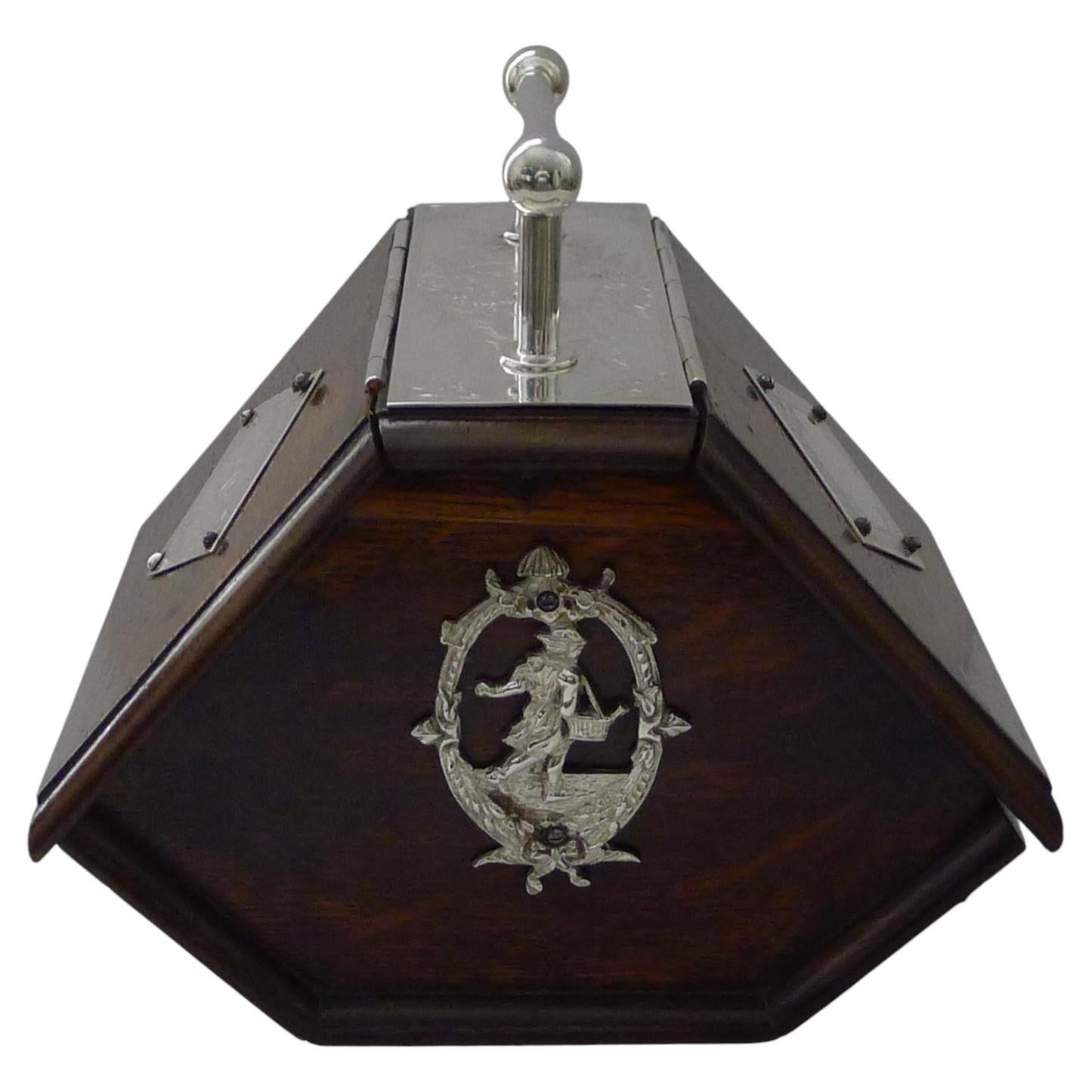 Novelty Antique English Oak and Silver Plate Biscuit Box For Sale