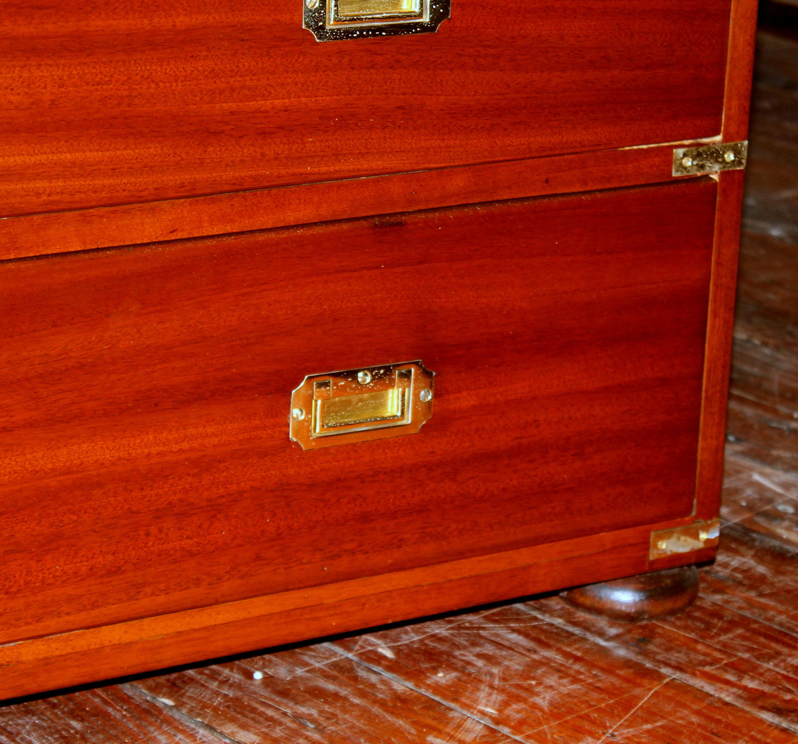 Rare and fine antique English figured mahogany military or campaign style chest with exceptional 