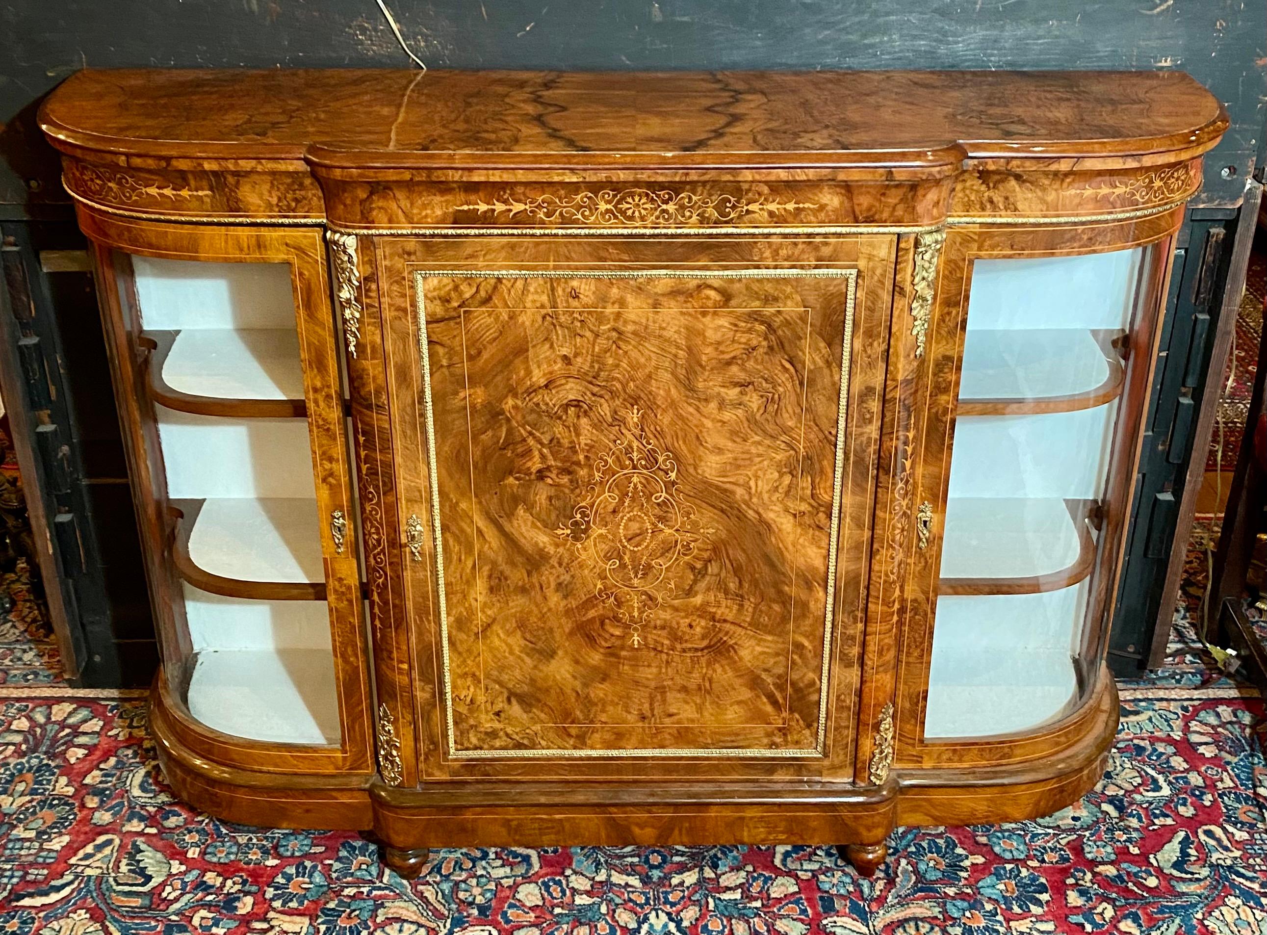 Antique English fine burled walnut sideboard.

  
