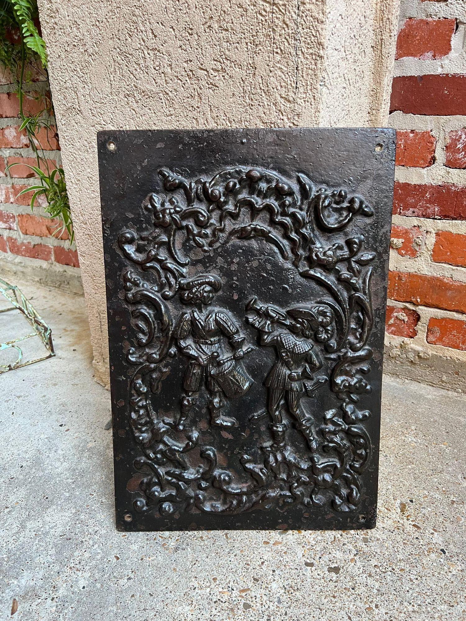 Antique English Fireback Cast Iron Hearth Panel Kitchen Backsplash Floral Music For Sale 7