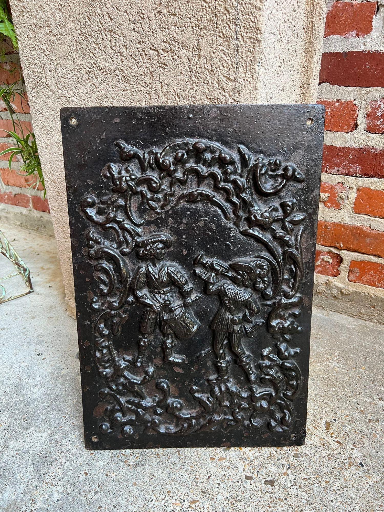 Antique English Fireback Cast Iron Hearth Panel Kitchen Backsplash Floral Music For Sale 8