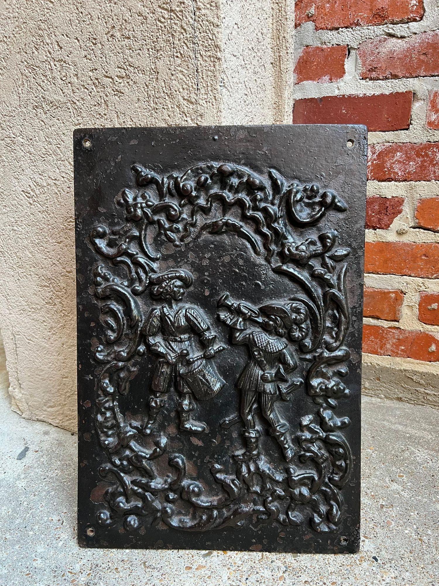 Victorian Antique English Fireback Cast Iron Hearth Panel Kitchen Backsplash Floral Music For Sale