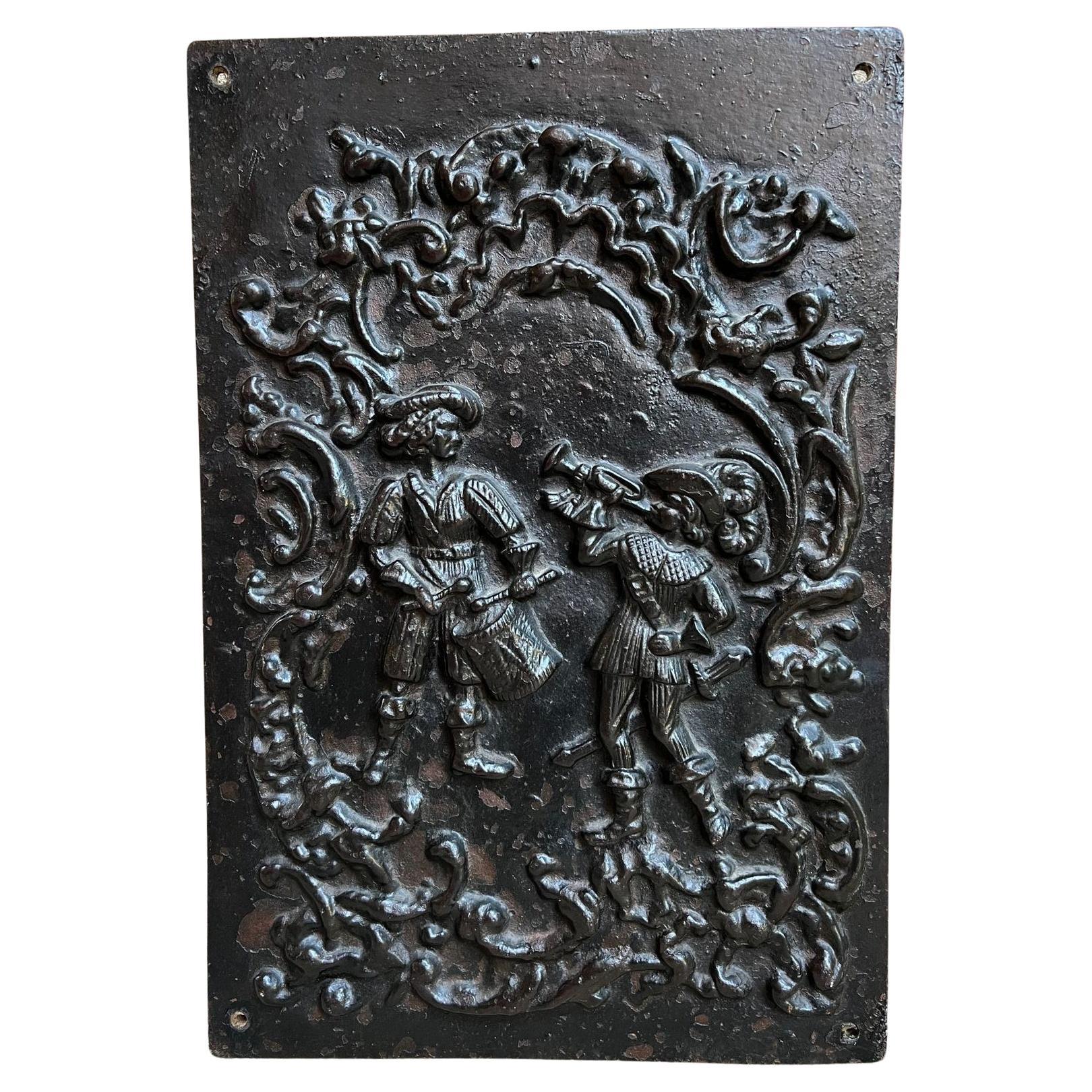 Antique English Fireback Cast Iron Hearth Panel Kitchen Backsplash Floral Music For Sale