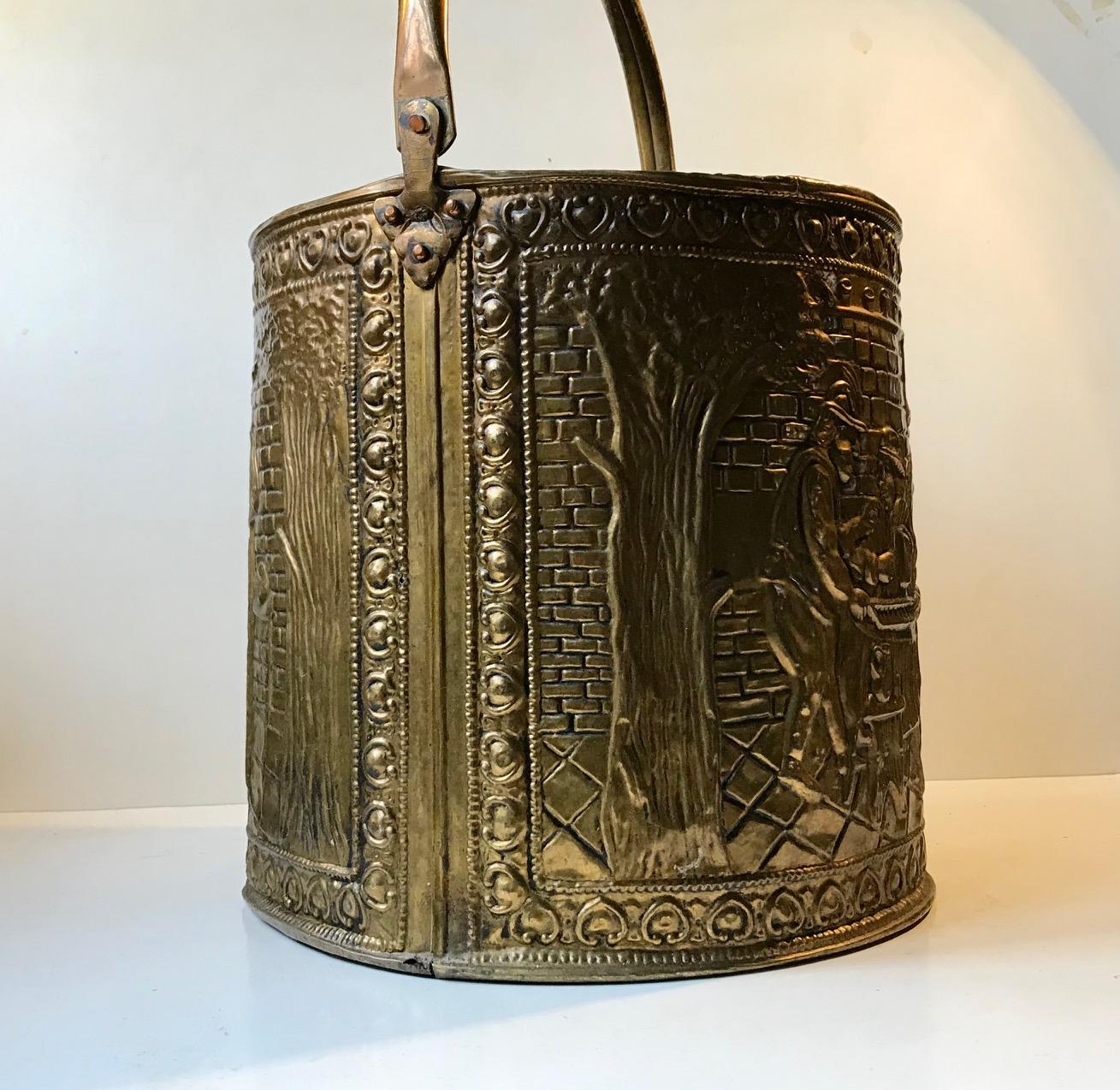 Antique English Fireplace Bucket in Embossed Brass 3