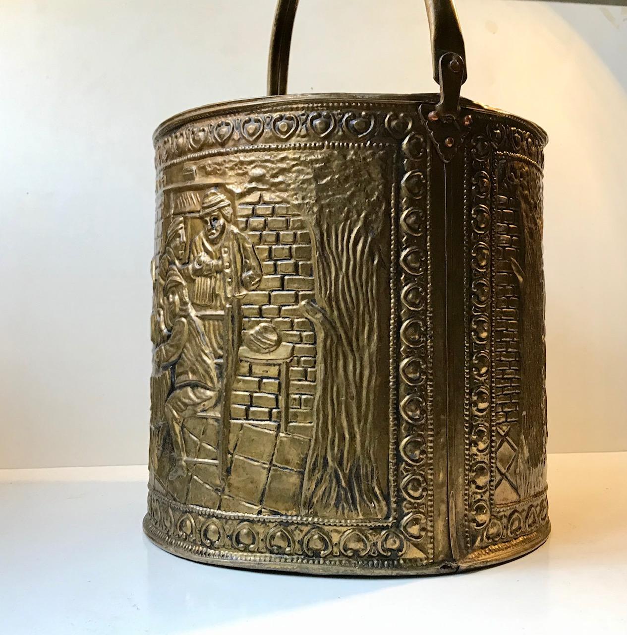 Antique English Fireplace Bucket in Embossed Brass 4