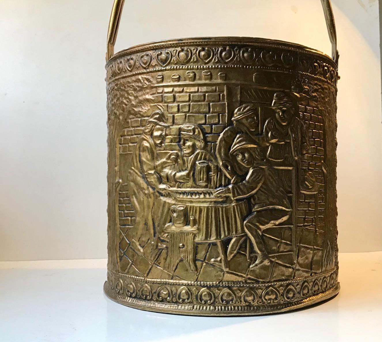 Antique English Fireplace Bucket in Embossed Brass 5
