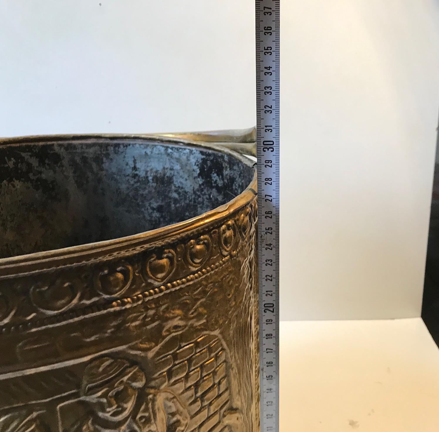 Antique English Fireplace Bucket in Embossed Brass 6