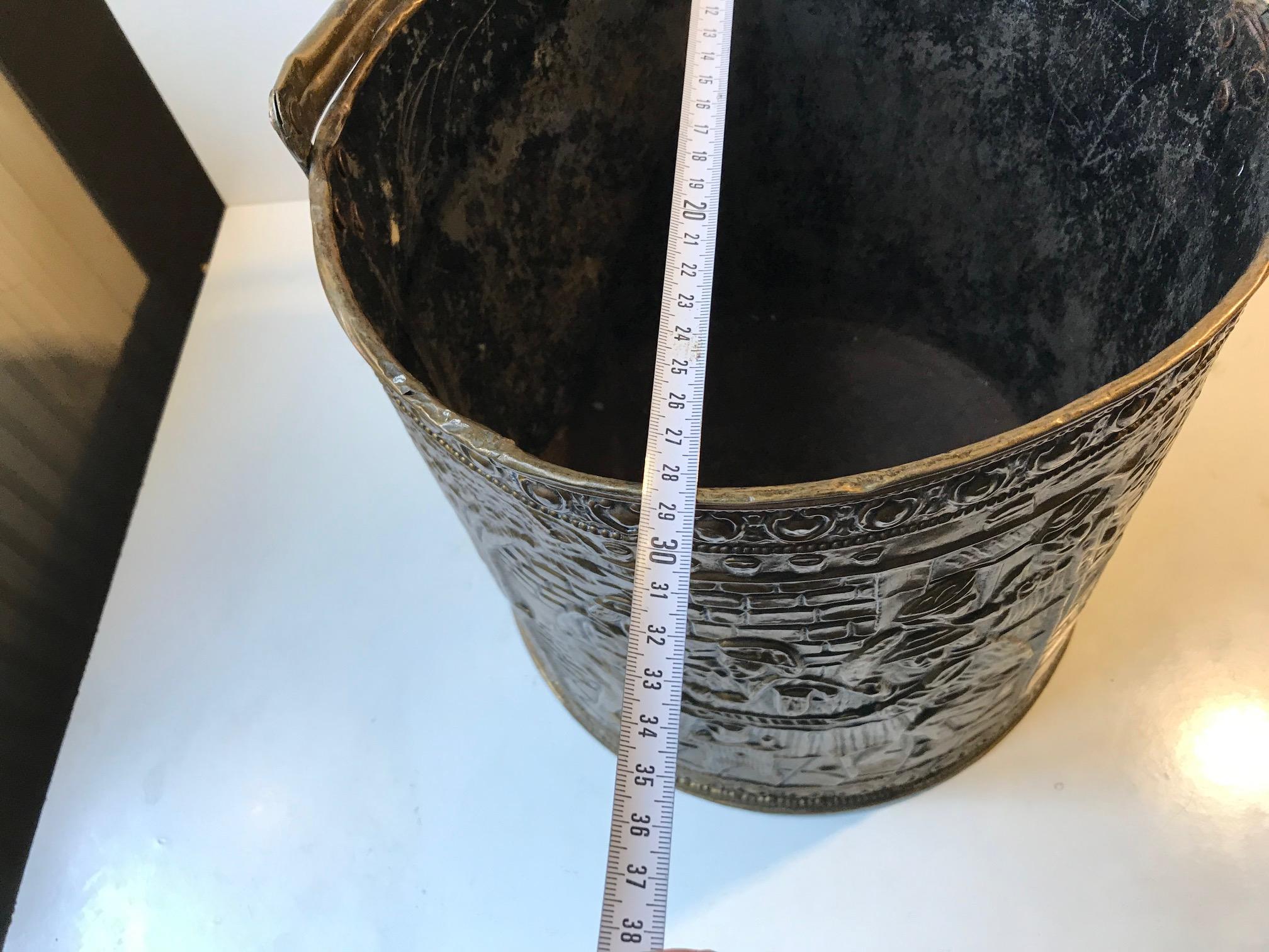 Antique English Fireplace Bucket in Embossed Brass 7