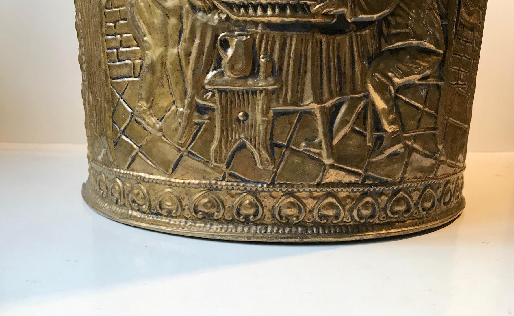 Late Victorian Antique English Fireplace Bucket in Embossed Brass