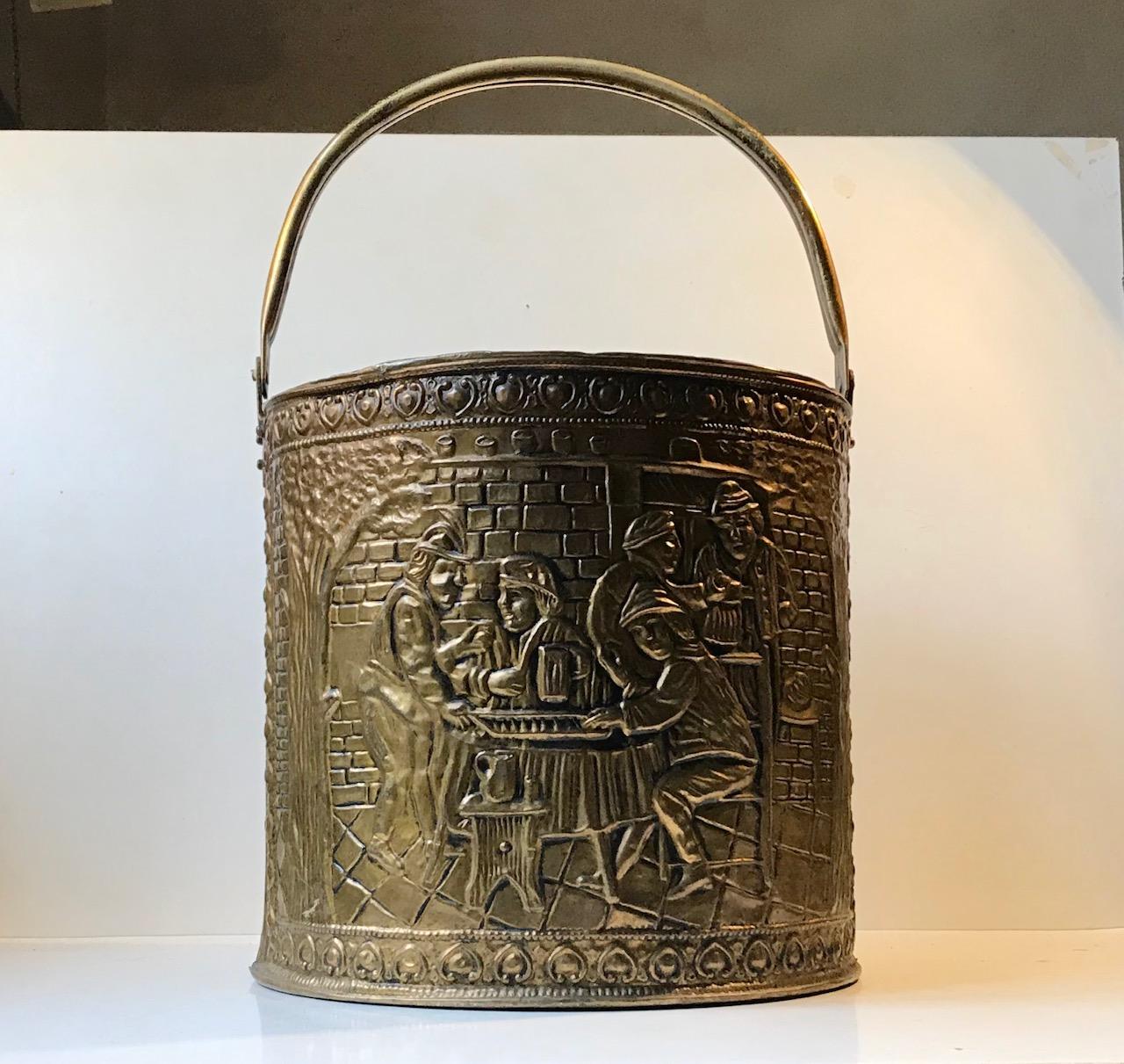 Antique English Fireplace Bucket in Embossed Brass 1