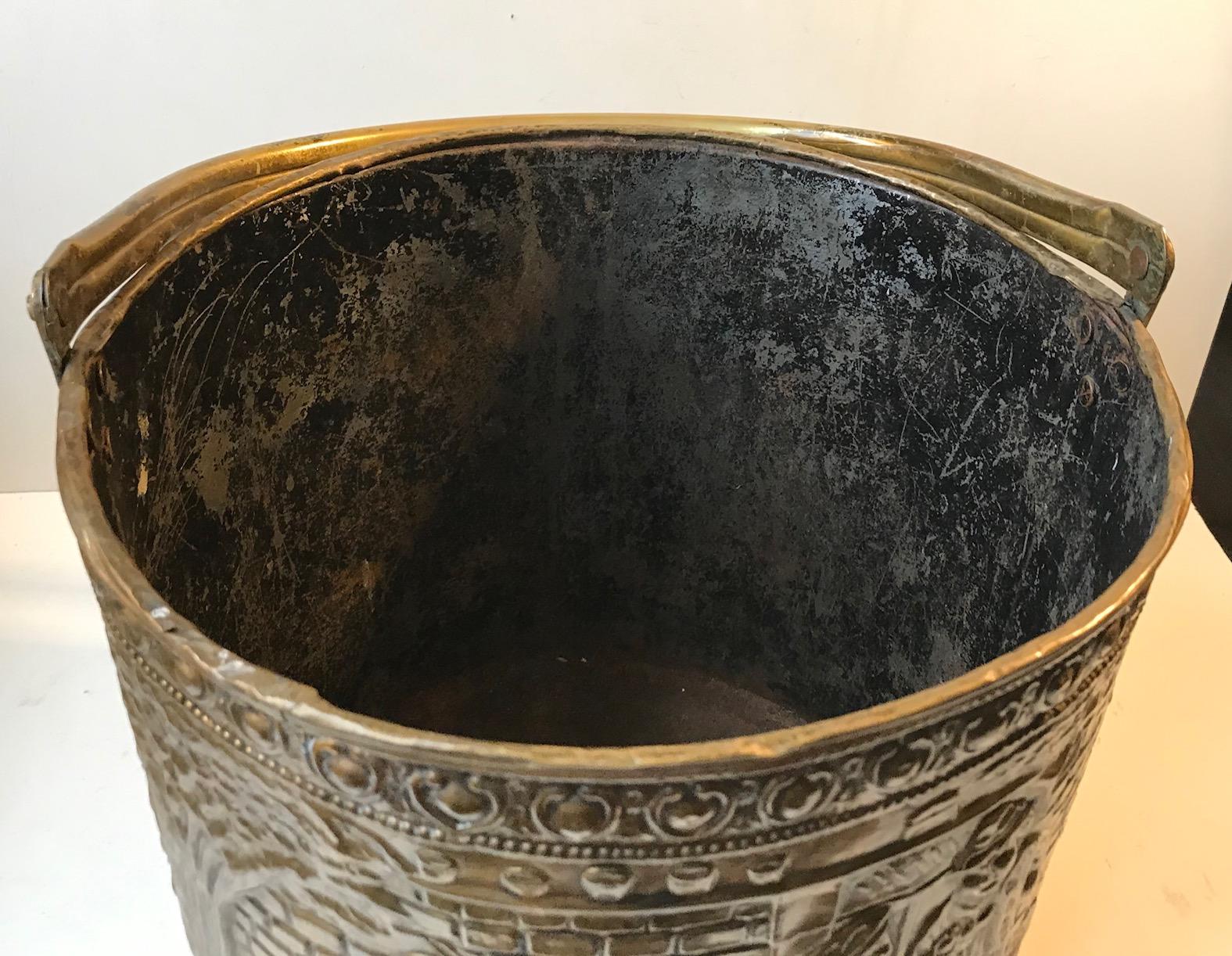Antique English Fireplace Bucket in Embossed Brass 2