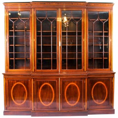 Antique English Flame Mahogany and Inlaid Four-Door Breakfront Bookcase