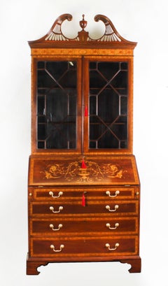 Antique English Flame Mahogany Bureau Bookcase 19th Century