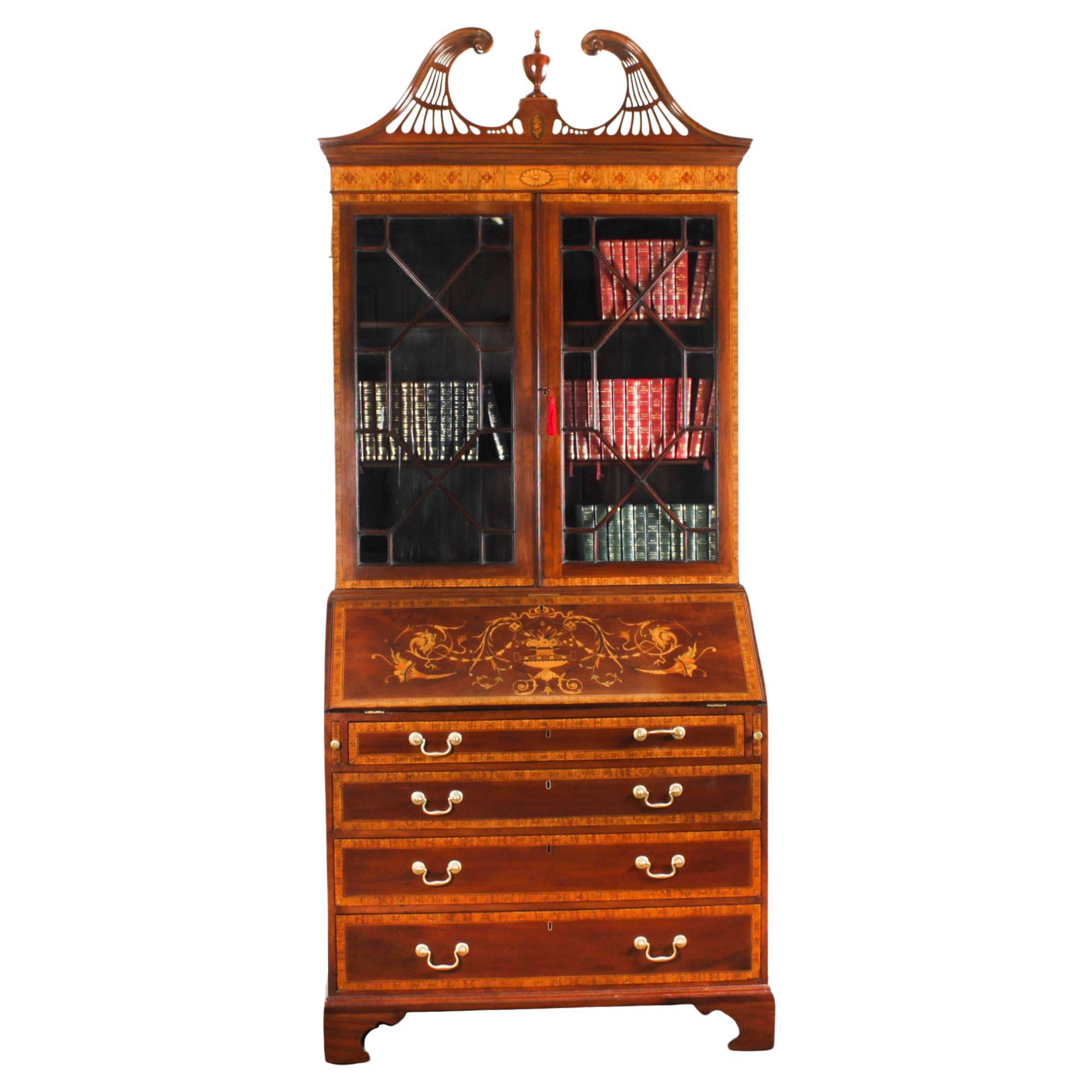 Antique English Flame Mahogany Bureau Bookcase 19th Century