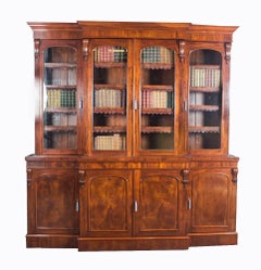 Antique English Flame Mahogany Four-Door Breakfront Bookcase, 19th Century
