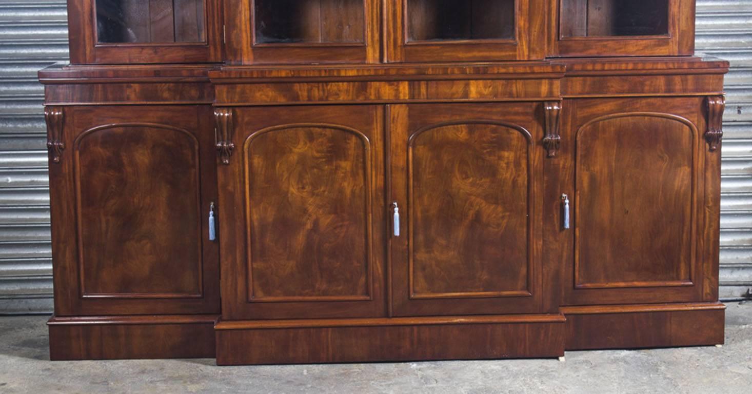 Victorian Antique English Flame Mahogany Four-Door Breakfront Bookcase, 19th Century