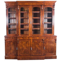 Antique English Flame Mahogany Four-Door Breakfront Bookcase, 19th Century