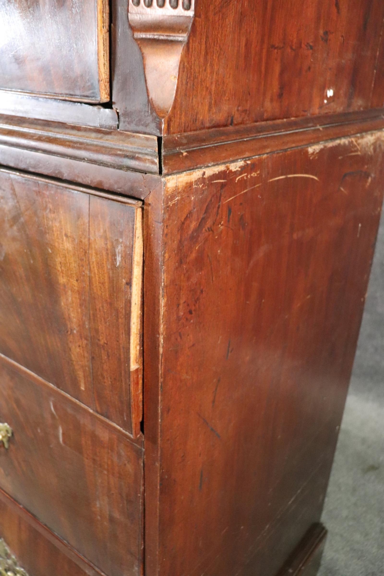 Antique English Flame Mahogany Georgian Walnut Chest on Chest with Desk 10