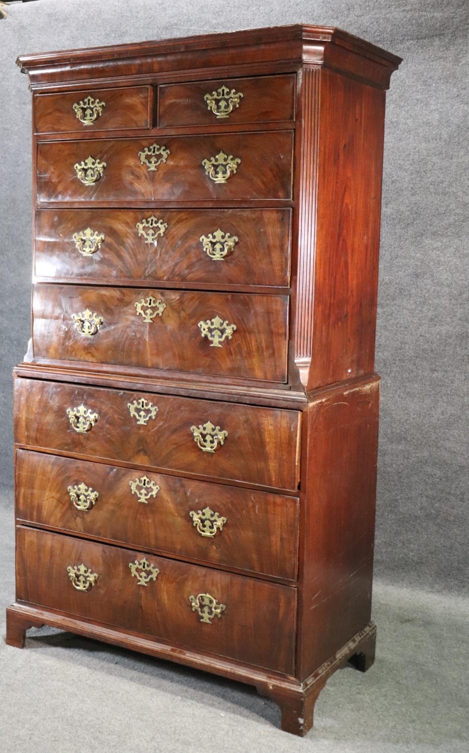 George III Antique English Flame Mahogany Georgian Walnut Chest on Chest with Desk