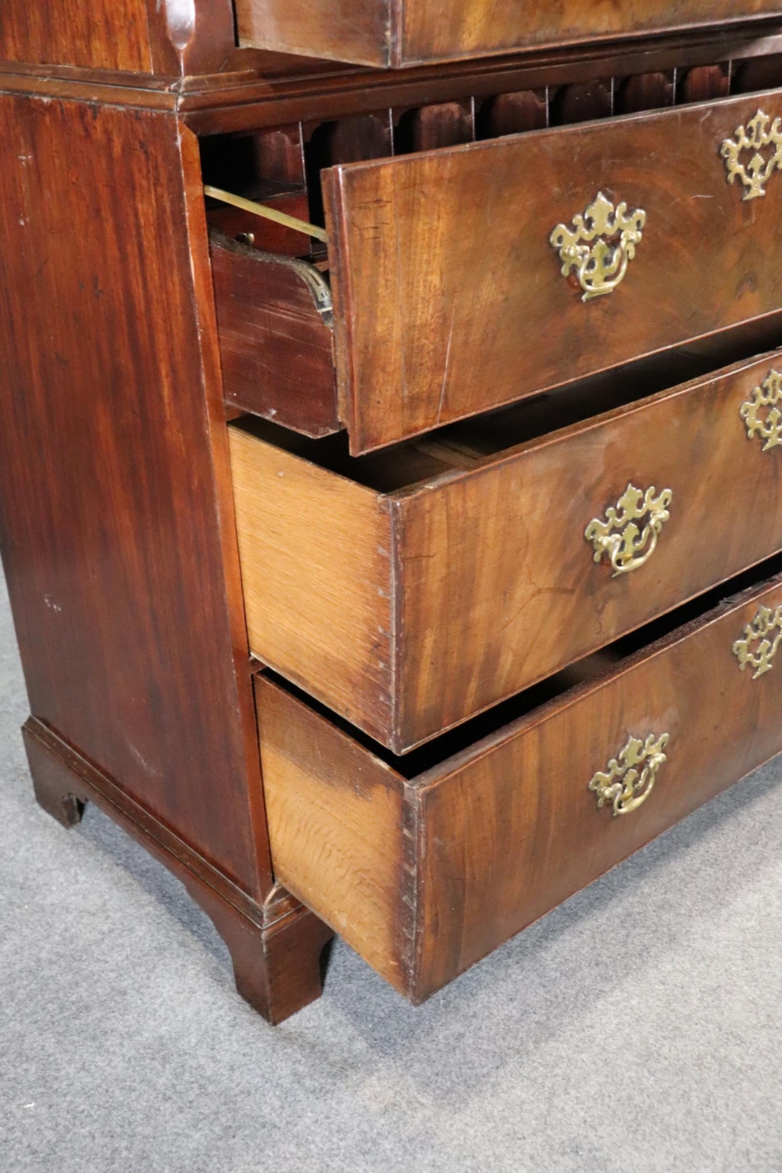 Antique English Flame Mahogany Georgian Walnut Chest on Chest with Desk 1
